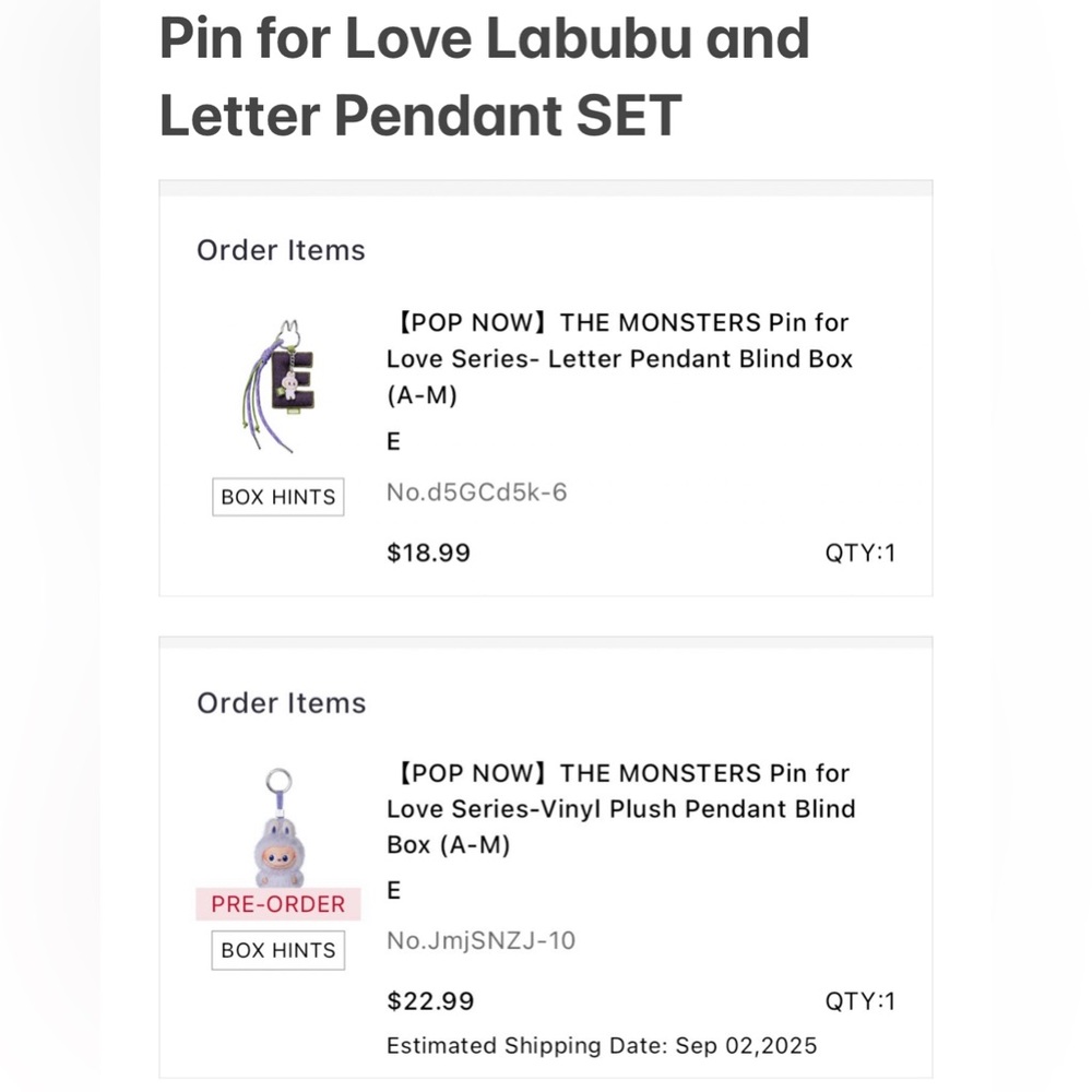 PIN FOR LOVE Letter “E” SET- New V4 MONSTERS LABUBU E SET(In hand ready to ship)